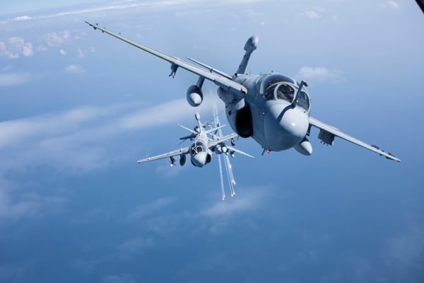 EA-6B Prowlers assigned to 2nd Marine Aircraft Wing's Prowler squadrons conduct an aerial refuel and formation flight near Cherry Point, N.C., March. 1, 2016. (Cpl. Jodson B. Graves/Marine Corps)