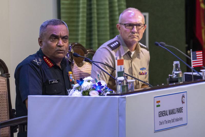 Indian Army chief Gen. Manoj Pande, left, speaks as Chief of staff of the U.S. Army Gen. Randy George, right, looks on during their joint press conference ahead of 13th Indo-Pacific Armies Chiefs Conference and 47th Indo-Pacific Armies Management Seminar in New Delhi, India, Tuesday, Sept. 26, 2023.