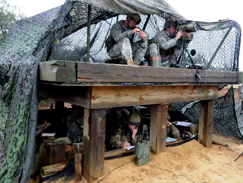 U.S. and U.K. observers train on NATO call for fire techniques while calling for fire from each other’s guns during operation Pegasus Cypher on Fort Bragg. The interoperability exercise between 319th Airborne Field Artillery Regiment, 2nd Brigade Combat Team, 82nd Airborne Division and 7th Parachute Regiment, Royal Horse Artillery, creates an increased joint operating capability between the two nations at Fort Bragg, N.C. (Capt. Joe Bush, 82nd Airborne DIVARTY/ Released)