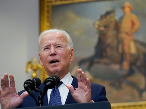 President Joe Biden speaks about Afghanistan from the Roosevelt Room of the White House on August 22.  (Manuel Balce Ceneta / AP)