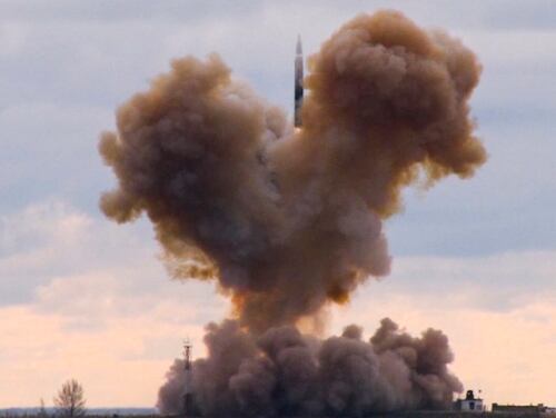 The Avangard hypersonic vehicle blasts off during a test launch at an undisclosed location in Russia. (RU-RTR Russian Television via AP)