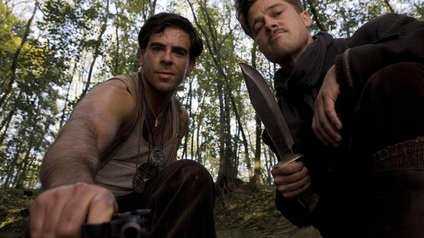 Eli Roth, left, and Brad Pitt appear in a scene from the motion picture 