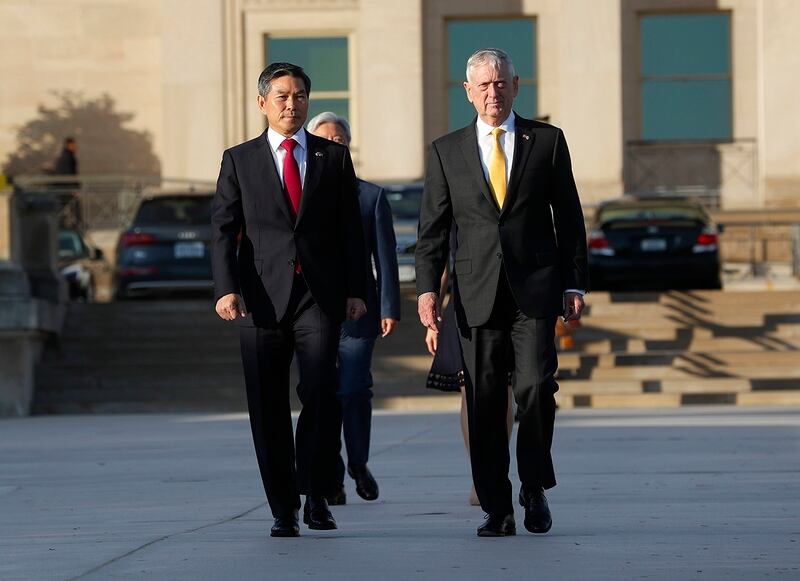 Defense Secretary Jim Mattis, right, and South Korea Minister of Defense Jeong Kyeong-doo, left, arrive to begin reviewing the troops as they co-host the 2018 Security Consultative at the Pentagon, Wednesday, Oct. 31, 2018. (Pablo Martinez Monsivais/AP)