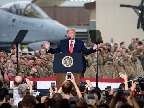 President Donald Trump speaks to military personnel and their families at Osan Air Base, in South Korea on June 30, 2019. (Ed Jones/AP)