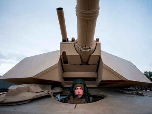 US Marines prepare their M1 Abrams tank to take part in an exercise to capture an airfield as part of the Trident Juncture 2018, a NATO-led military exercise, on Nov. 1, 2018. A new report warns that America is at risk of falling behind competitors. (Jonathan Nackstrand/AFP via Getty Images)