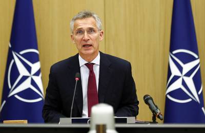 NATO Secretary General Jens Stoltenberg speaks during a video conference of NATO Defense Minister at the NATO headquarters in Brussels on June 17, 2020.