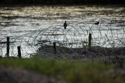 Birds rest on concertina wire, or razor wire, along the Rio Grande in Eagle Pass, Texas, July 6, 2023.