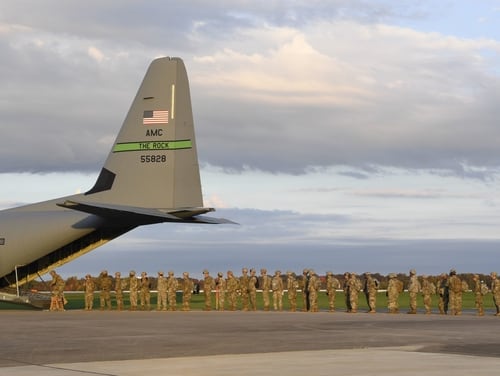 Soldiers from the 541st Sapper Company board an Air Force C-130J Super Hercules from Little Rock Air Force Base, Ark., Oct. 30, 2018, at Fort Knox, Ky. The 541st Sapper Company is deploying soldiers, equipment and resources to assist Department of Homeland Security along the southwest border. (Airman First Class Daniel A. Hernandez/Air Force)