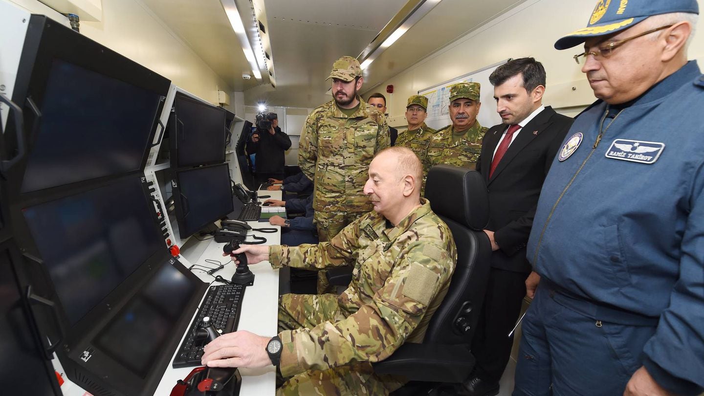 Azeri President Ilham Aliyev uses the controls for a newly delivered Akinci drone on Feb. 9, 2024. (Azeri government)