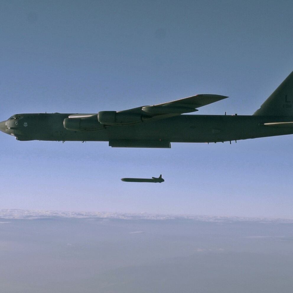 An unarmed AGM-86B Air-Launched Cruise Missile is released from a B-52H Stratofortress over the Utah Test and Training Range during a Nuclear Weapons System Evaluation Program sortie Sept. 22, 2014. (Staff Sgt. Roidan Carlson/Air Force)