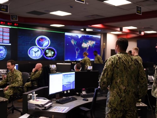 Sailors stand watch in the Fleet Operations Center at the headquarters of U.S. Fleet Cyber Command/U.S. 10th Fleet (FCC/C10F). Since its establishment, FCC/C10F has grown into an operational force composed of more than 14,000 Active and Reserve Sailors and civilians organized into 28 active commands, 40 Cyber Mission Force units, and 26 reserve commands around the globe. (MC1 Samuel Souvannason/Navy)