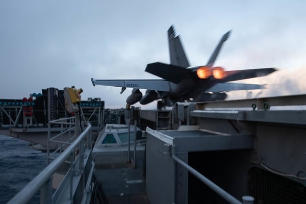 An F/A-18E Super Hornet launches from the flight deck of the carrier Theodore Roosevelt. Navy efforts to replace the Hornet hit a funding setback in Congress this year. (U.S. Navy photo by Airman D.J. Schwartz)