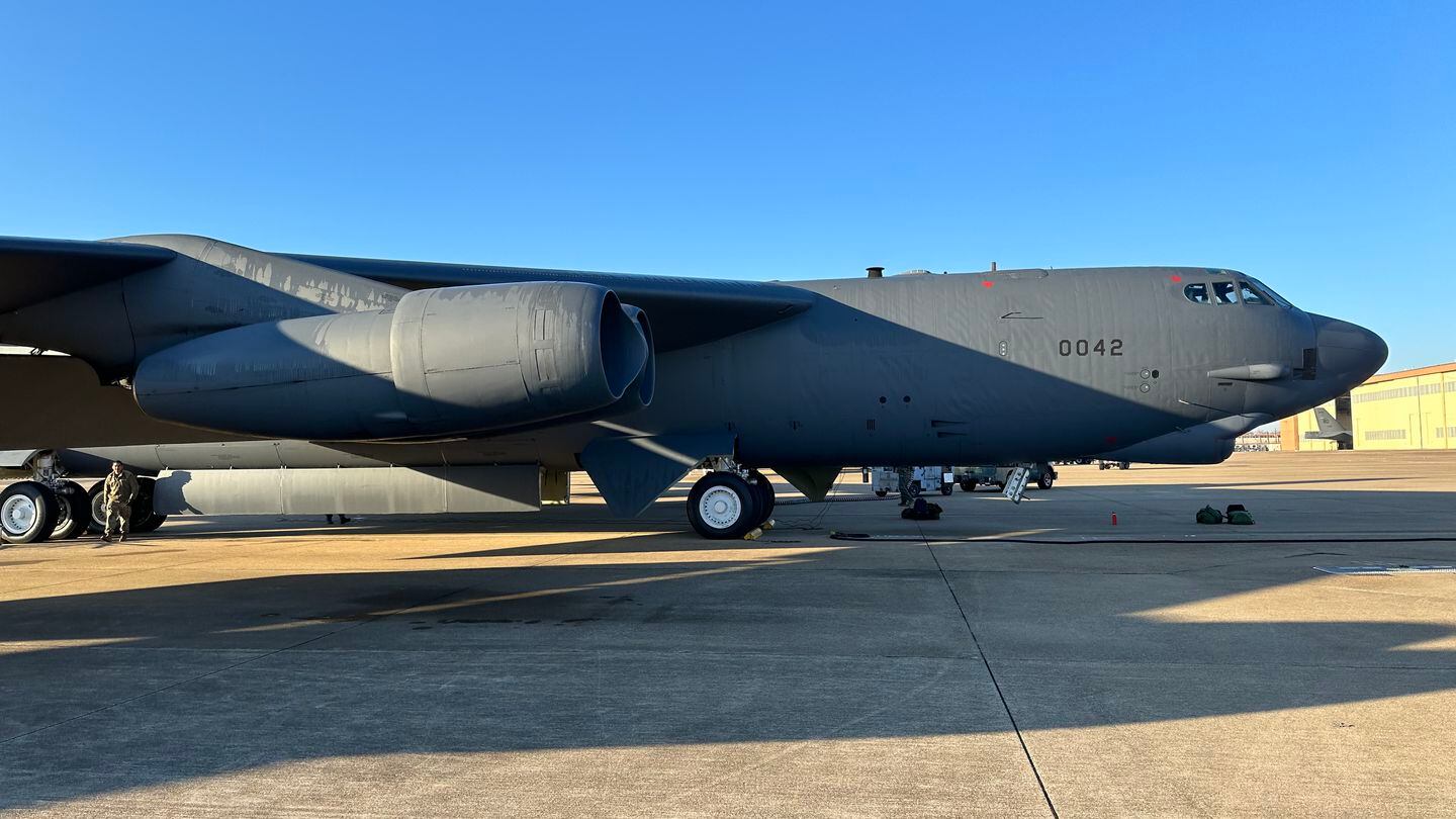 A B-52H bomber, dubbed the Red Gremlin II, sits on the flight line before a Jan. 4, 2024, training flight at Barksdale Air Force Base, La. (Stephen Losey/Staff)