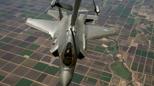 A KC-10 Extender crewed by members of the 78th and 76th Air Refueling Squadrons, 514th Air Mobility Wing, refuels a U.S. Air Force F-35A Lightning II over California, Sept. 13, 2017. (Master Sgt. Mark C. Olsen/Air Force)