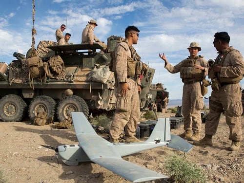 Marines with 3rd Light Armored Reconnaissance Battalion, 1st Marine Division, tested an Unmanned Aerial System, also known as the RQ-20 Puma, during part of the Battalion’s Marine Combat Corps' Readiness Evaluation at Marine Corps Air Ground Combat Center Twentynine Palms, California, Mar. 13, 2017. (Lance Cpl. Mike Hernandez/Marine Corps)