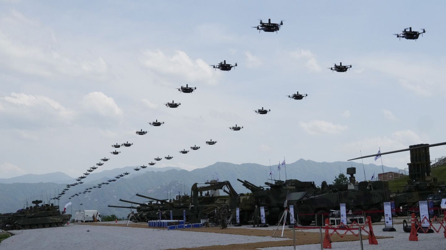 The South Korean army's drones fly during South Korea-U.S. joint military drills at Seungjin Fire Training Field in Pocheon, South Korea, Thursday, May 25, 2023. (Ahn Young-joon/AP)