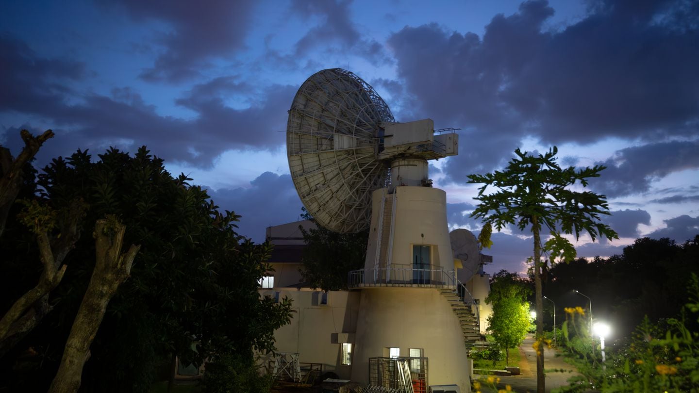 A dish antenna is seen inside the Indian Space Research Organisation's Telemetry Tracking and Command Network facility on Aug. 23, 2023, in Bengaluru, India. (Abhishek Chinnappa/Getty Images)