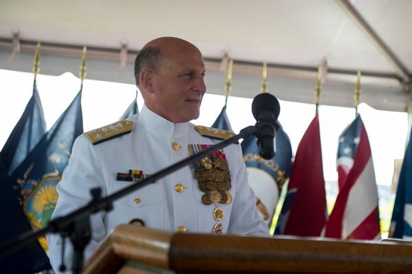 Vice Adm. Michael Gilday, commander, U.S. Fleet Cyber Command and U.S. 10th Fleet, delivers remarks during a change of command ceremony. (Mass Communication Specialist 2nd Class Somers Steelman/Navy)