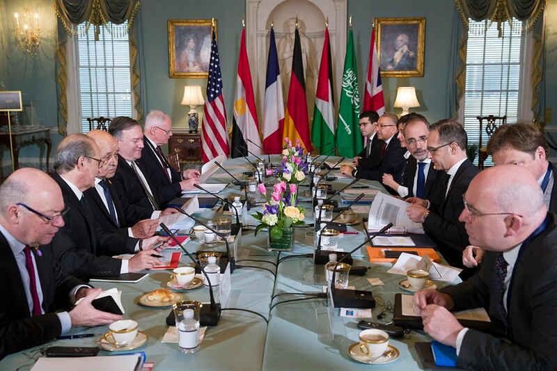 Secretary of State Mike Pompeo is seated before a meeting for the Syria Small Group during the Global Coalition to Defeat ISIS meeting, at the State Department, Wednesday, Feb. 6, 2019, in Washington. (Alex Brandon/AP)