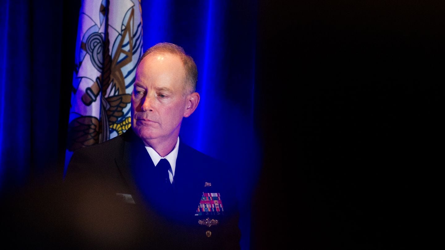 Rear Adm. Doug Small, the U.S. Navy’s Project Overmatch boss, pauses before answering a question about unmanned technologies at the 2024 Sea-Air-Space conference in National Harbor, Maryland. (Colin Demarest/C4ISRNET)
