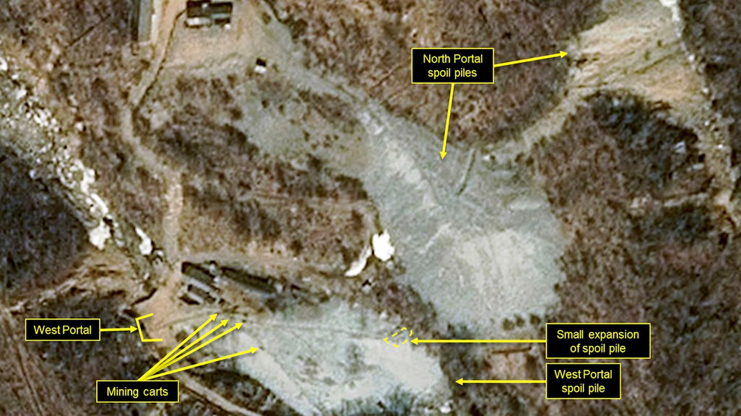 This image released and notated by Airbus Defense and Space as well as 38 North shows the Punggye-ri nuclear test site in North Korea. (Airbus Defense and Space/38 North via AP)
