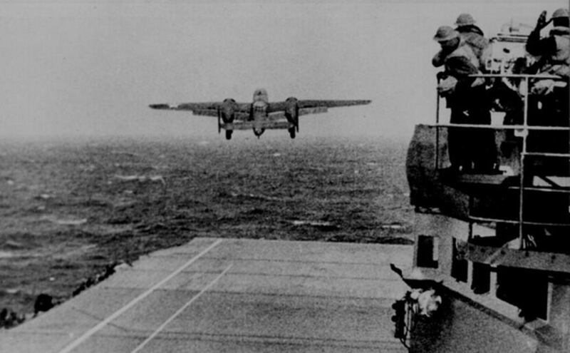 A B-25 Mitchell takes off from the aircraft carrier Hornet for the Doolittle Raid over Tokyo April 18, 1942. (Courtesy of Wright-Patterson Air Force Base, Ohio)