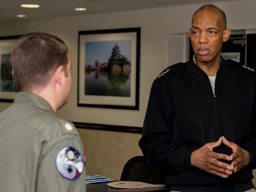 Cmdr. Matt Szoka, left, greets Judge Advocate General, Vice Admiral James W. Crawford III, during a tour of Naval Air Facility Atsugi on June 21, 2017. (Navy)