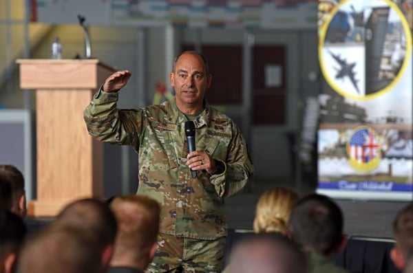 Gen. Jeffrey Harrigian, commander of U.S. Air Forces in Europe-Air Forces Africa, addresses airmen during an all-call in July 2019 at RAF Mildenhall, England. In a Sept. 11 interview, Harrigian pointed to USAFE's ability to continue operating during the COVID-19 pandemic as one of its greatest accomplishments over the past year. (Airman 1st Class Brandon Esau/Air Force)
